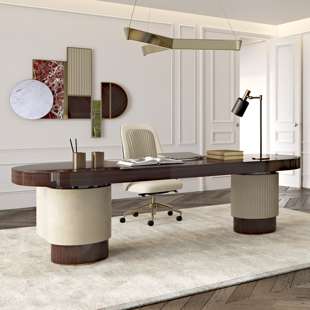 Designer Italian Ebony Veneer And Leather Contemporary Desk