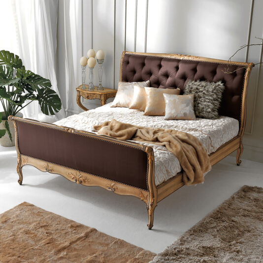 Designer Italian Ornate Button Upholstered Sleigh Bed