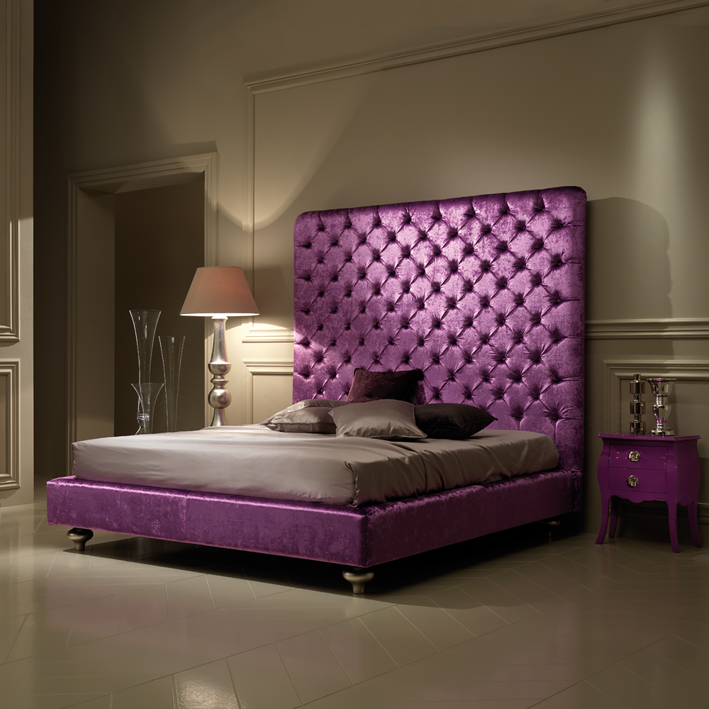 Exclusive Italian Purple Crushed Velvet Upholstered Bed