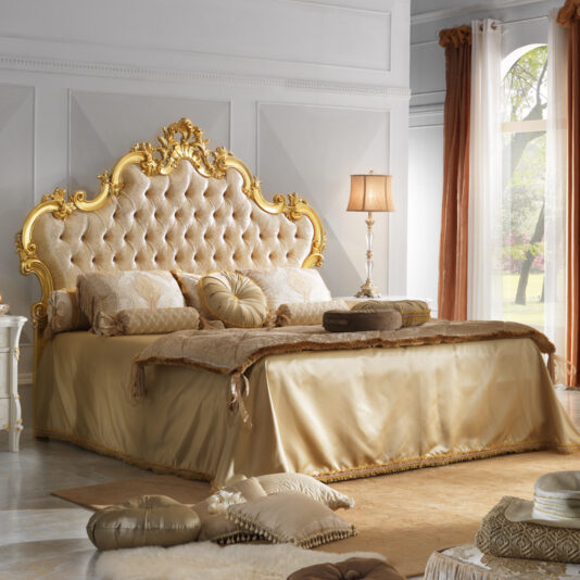 Grand Button Upholstered Gold Leaf Rococo Bed