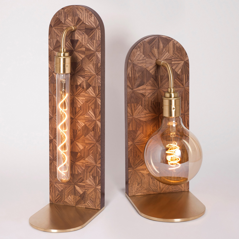 High End Hand-Crafted Marquetry Walnut Tall Table Lamp