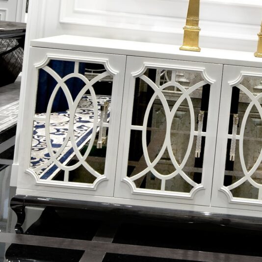 High End Italian White Fretwork Mirrored Sideboard High End Italian White Fretwork Mirrored Sideboard