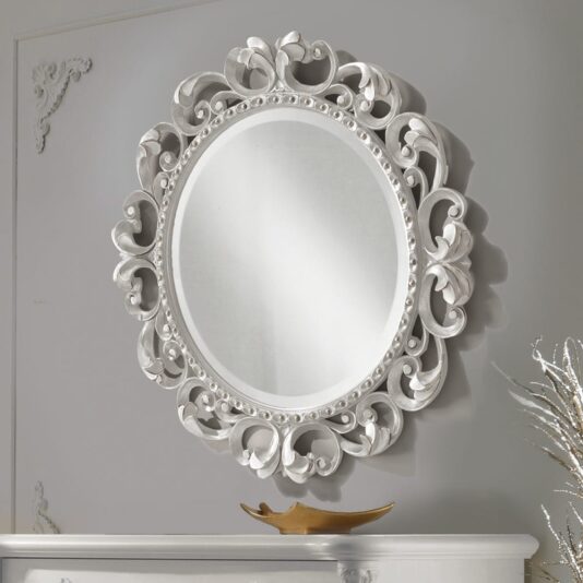 Italian Silver Leaf Carved Round Wall Mirror