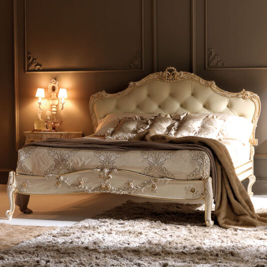 Luxury Carved Rococo Reproduction Leather Button Upholstered Bed