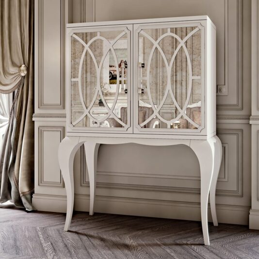 Luxury Italian White Fretwork Mirrored Cocktail Cabinet