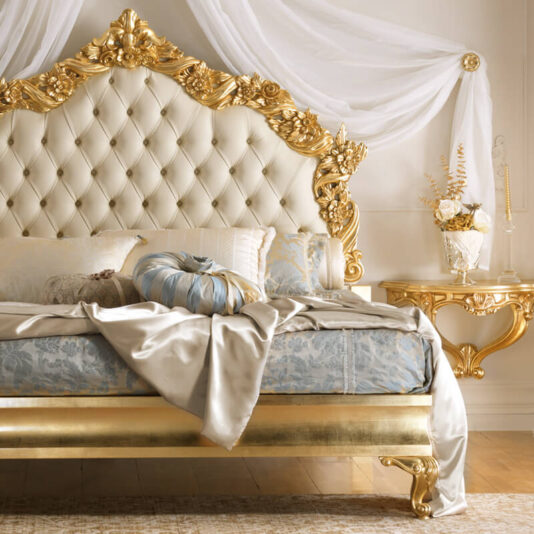 Magnificent Gold Leaf Rococo Leather Button Upholstered Bed