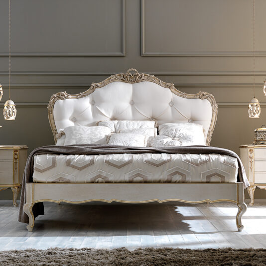 Ornate Carved Italian Rococo Button Upholstered Bed