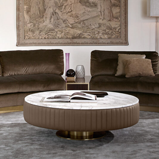 Italian Leather Upholstered Round Marble Coffee Table