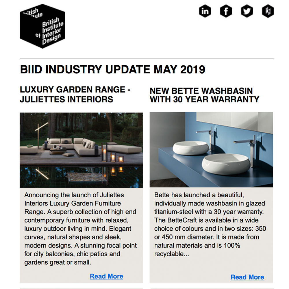 As seen in BIID newsletter, launch of Juliettes Luxury Garden Furniture Range