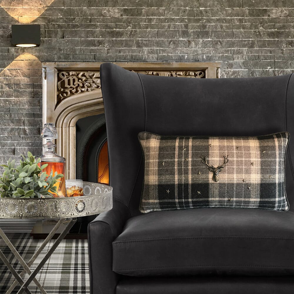 interior design trends 2020, brown and grey tartan cushion