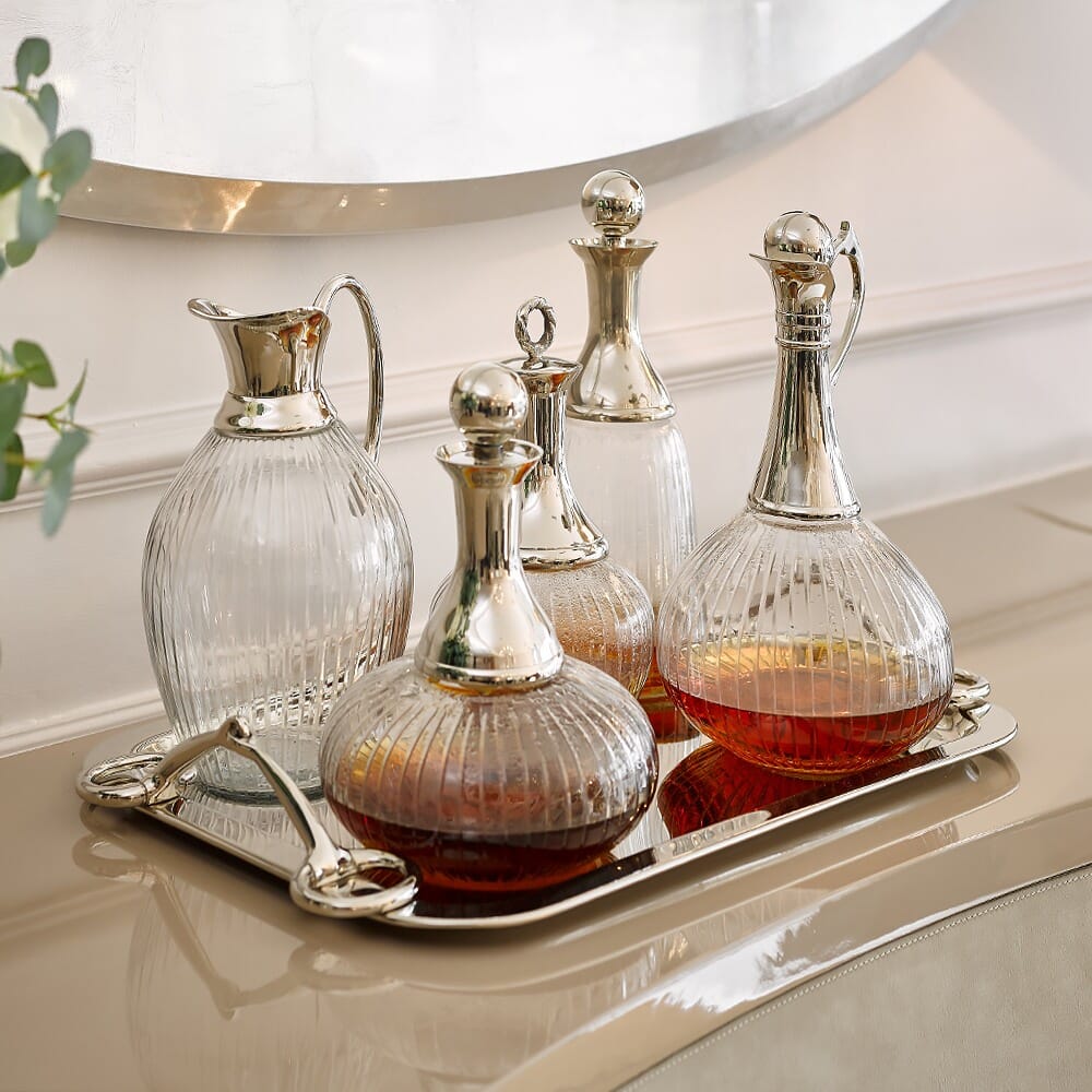 Christmas dining, silver tray with 5 decanters