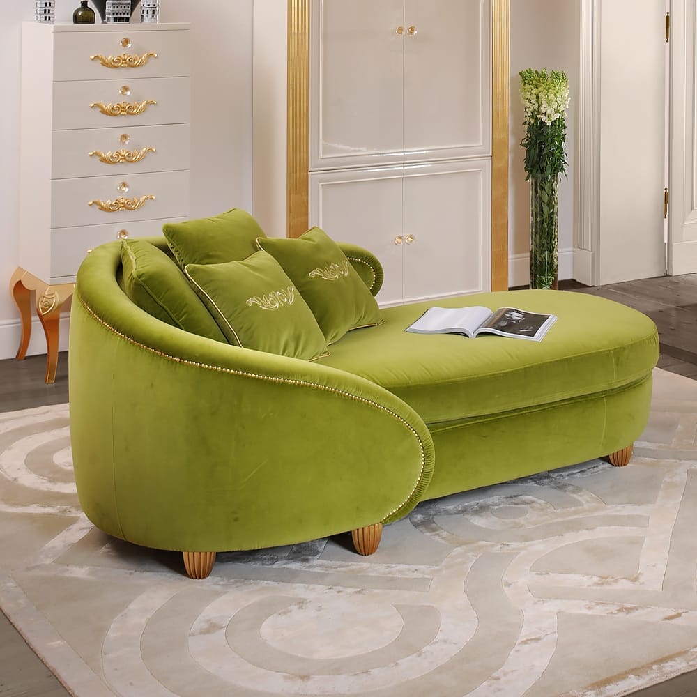 cosy edit, lime green velvet chaise longue