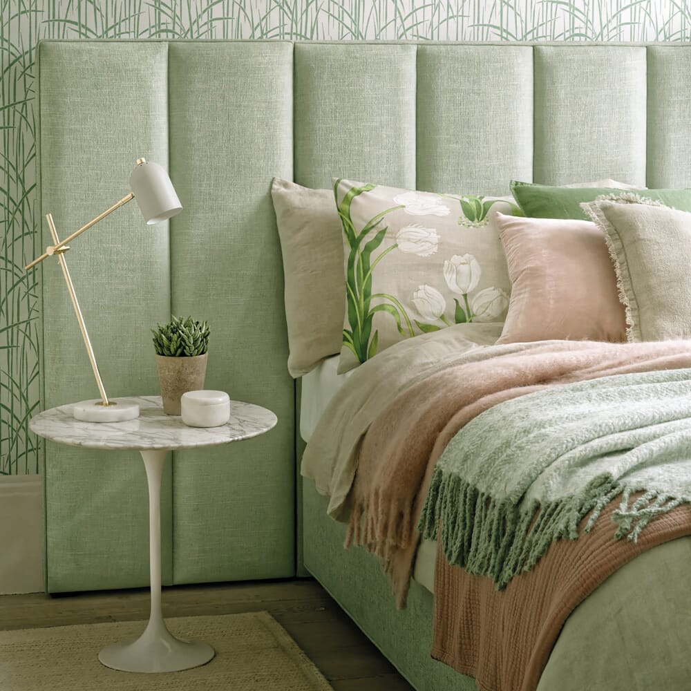 interior design trends 2020, neo mint bed with headboard