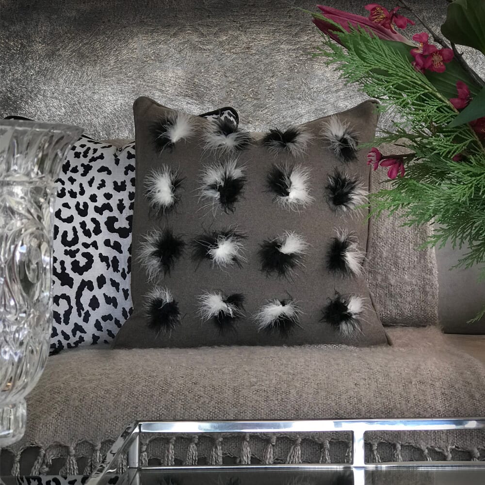 cosy edit, grey wool and marabou feather cushion