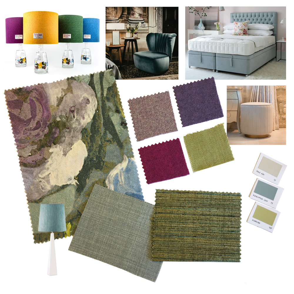 Moodboard, turquoise bedroom design