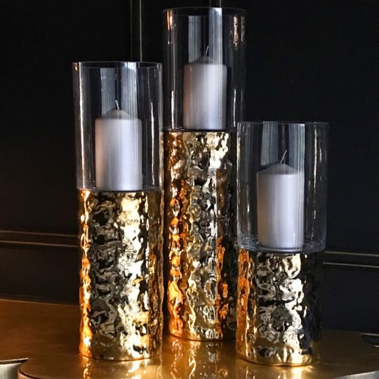 Luxury Hammered Gold Pillar And Glass Hurricane