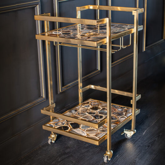 Modern Agate Stone Drinks Trolley In A Gold Finish