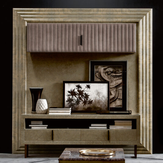 Designer Italian Suede And Grey Burl TV Wall Unit