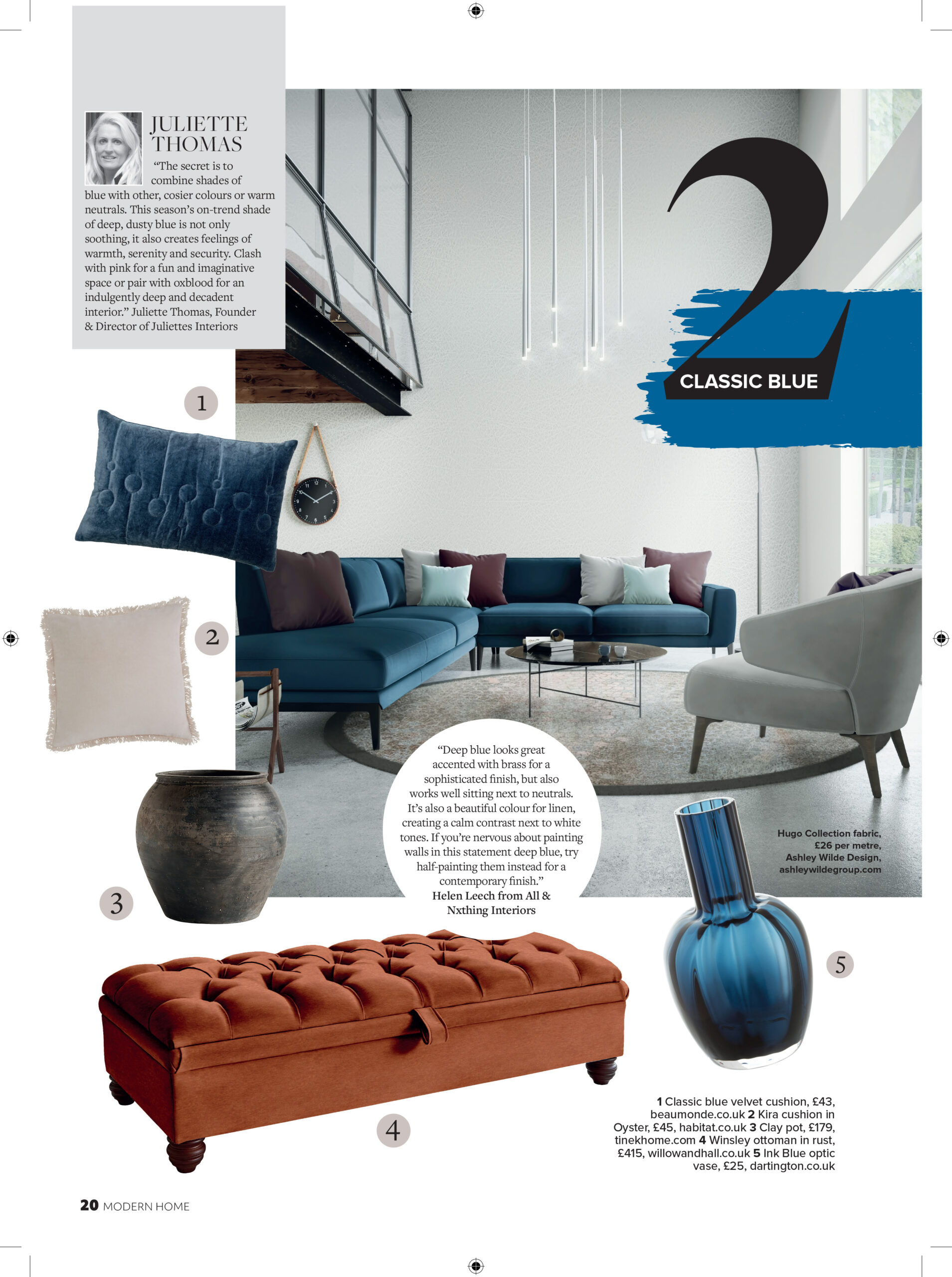 Juliette Thomas of Juliettes Interiors comments on how to use blue this season in Modern Home magazine