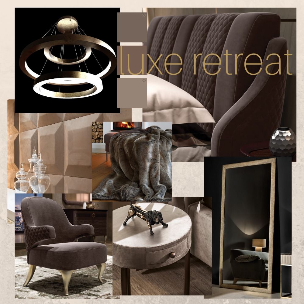 A mood board showcasing a luxurious retreat theme, highlighting the latest bedroom trends. It features a modern chandelier, plush brown chair with gold legs, dark wood furniture, a faux fur throw, a quilted headboard, and decorative items like glass vases and a bronze animal figurine. Text reads "luxe retreat.