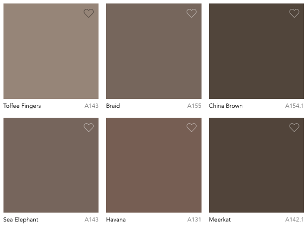 A grid of six brown shades from a paint collection, perfect for bedroom trends. Top row from left to right: "Toffee Fingers" (A143), "Braid" (A155), and "China Brown" (A154.1). Bottom row from left to right: "Sea Elephant" (A143), "Havana" (A131), and "Meerkat