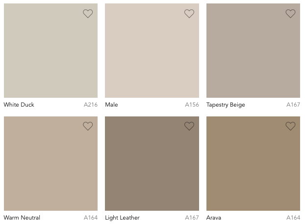 A palette of six beige and brown Sherwin Williams paint swatches, perfect for modern bedroom trends. Top row: White Duck A216, Male A156, Tapestry Beige A167. Bottom row: Warm Neutral A164, Light Leather A167, Arava A164. Each swatch features a heart icon in the top-right corner.