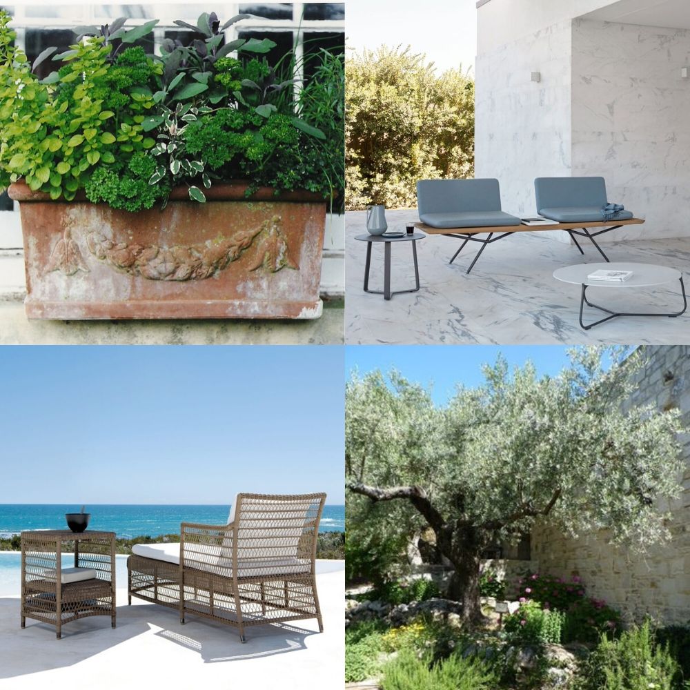 A collage of four images: Top left shows a potted garden with a variety of plants, top right depicts a modern outdoor seating area on a marble patio, bottom left features wicker patio furniture set against a seaside backdrop, and bottom right reveals an inviting outdoor retreat with an olive tree.