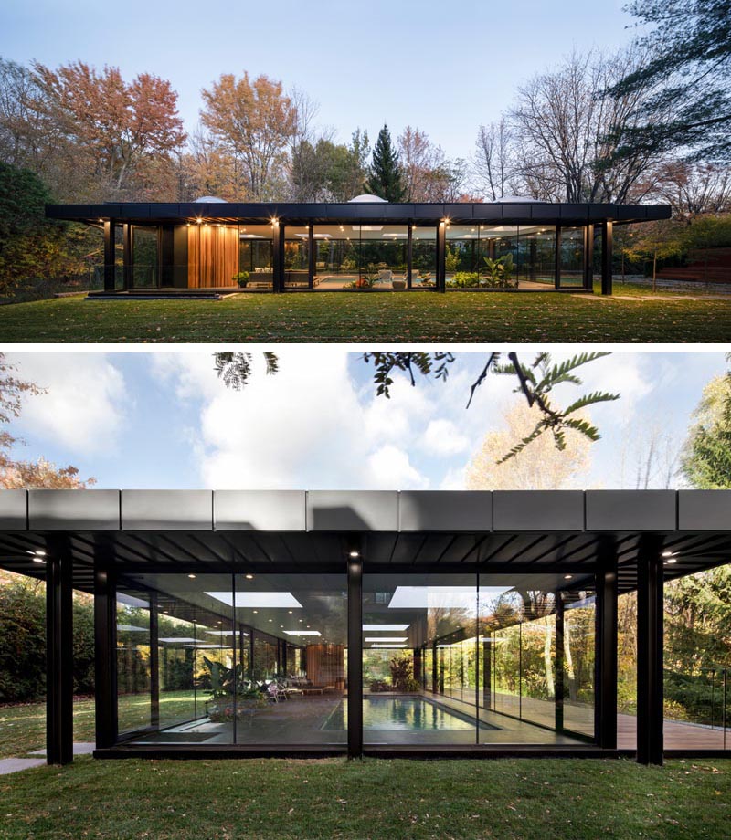 The image shows a modern, minimalist single-story glass house surrounded by trees. The top view highlights the entire structure set amidst autumn foliage, while the bottom view focuses on the sleek, transparent walls and interior that blend with a fantasy garden-like natural landscape.