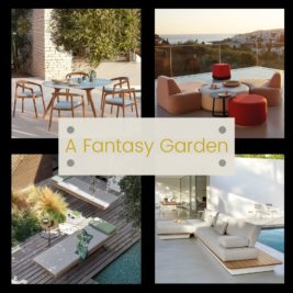 A collage of outdoor seating arrangements featuring modern furniture. The top-left shows a dining set with wooden chairs and a round table, top-right has a low sofa set with a coastal view, bottom-left features poolside loungers, and bottom-right has cushioned seating. Text in the center reads "A Fantasy Garden.