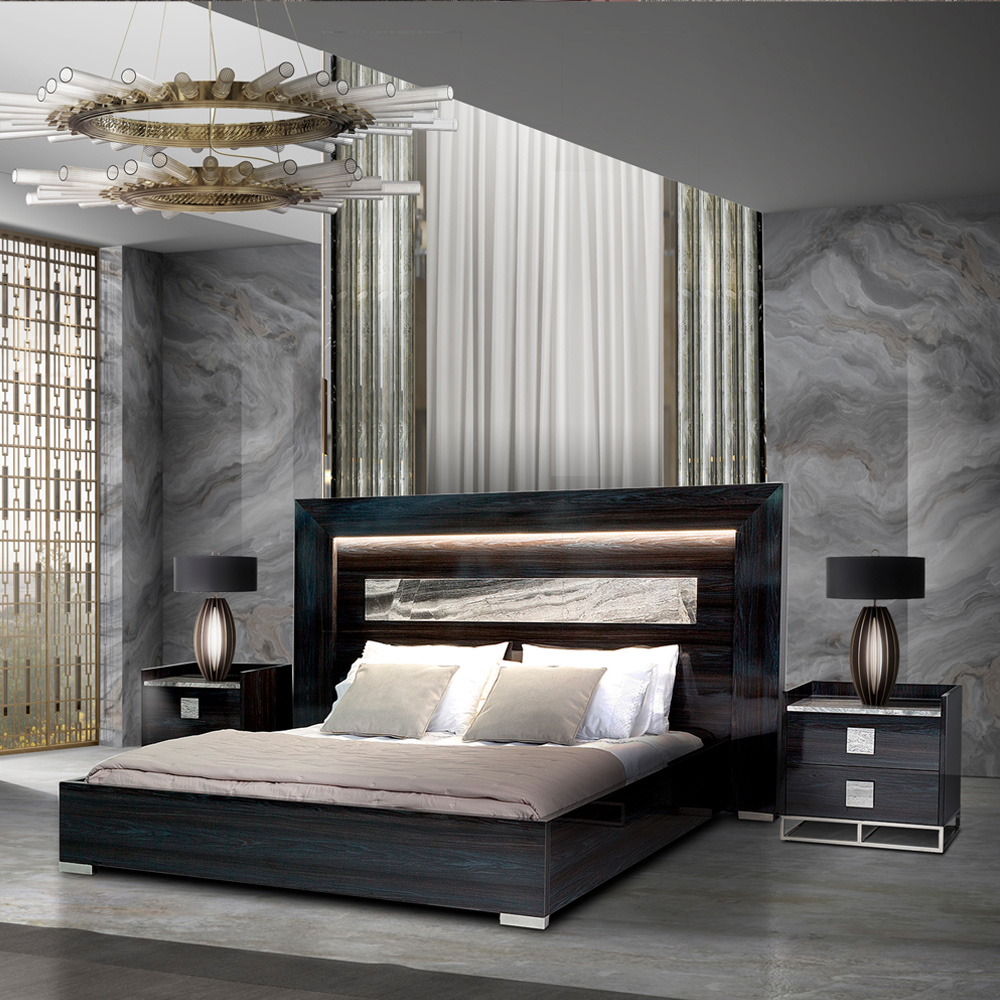 Luxury Italian Wooden And Marble Bed With Built In Lighting