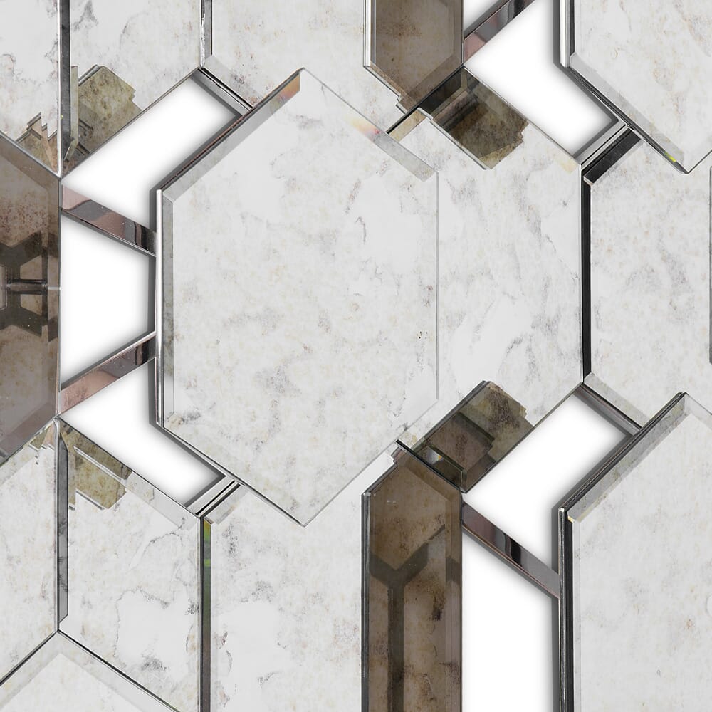 A decorative wall panel featuring a geometric pattern of hexagonal and rectangular mirrored tiles. The reflective surfaces have a weathered, vintage look with white and gray marbling, seamlessly fitting into any luxury furniture collection. The design creates a visually intricate, multidimensional effect.