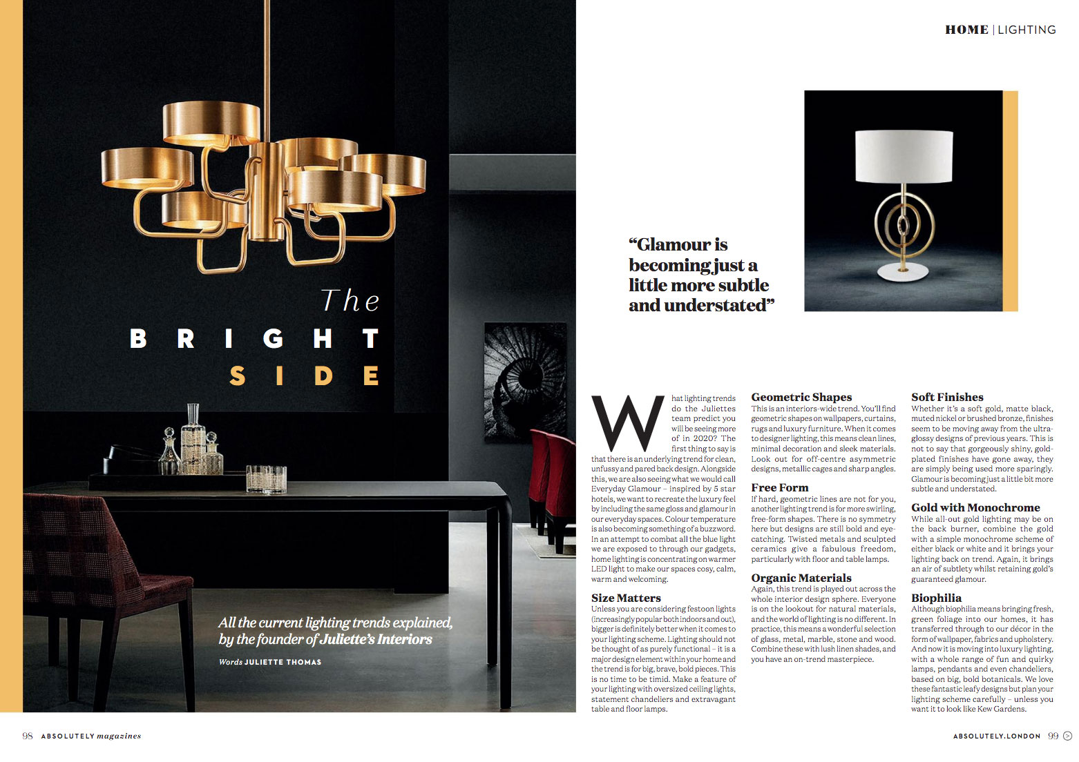 First page of article on lighting trends 2020 as explained by Juliettes Interiors' founder