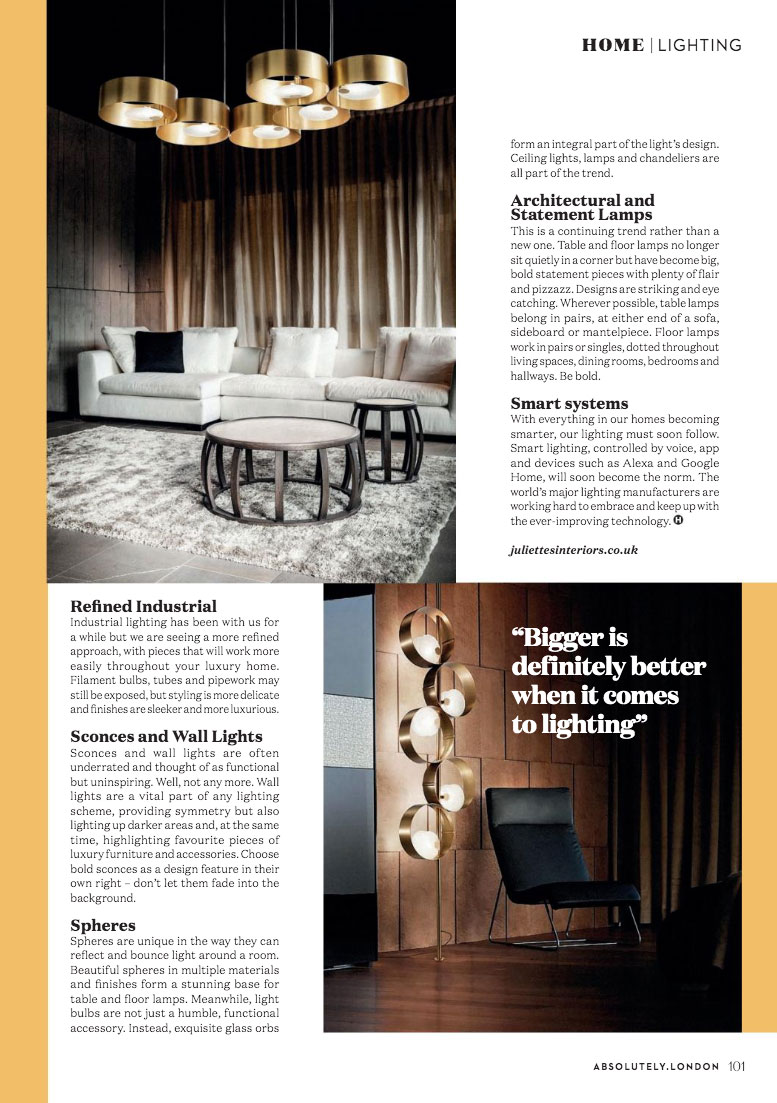 second page of article on 2020 lighting trends featuring Juliettes Interiors