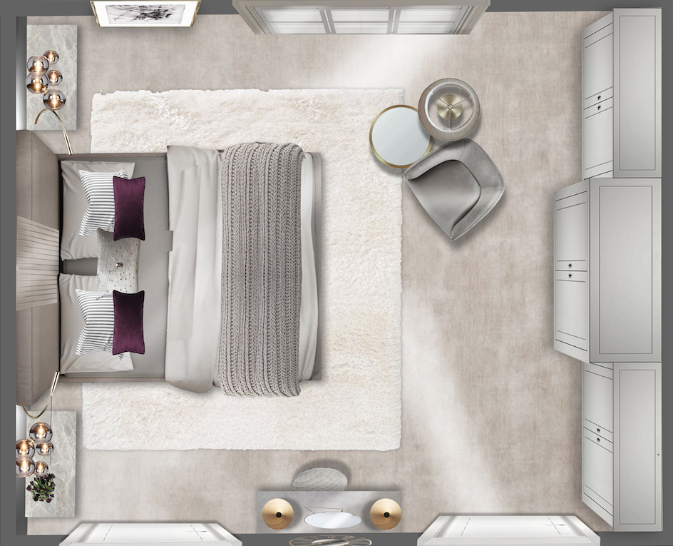 Top-down view of a modern bedroom with a double bed topped with white and gray bedding, two purple pillows, and a gray throw blanket. The interior design includes a shaggy white rug, bedside tables with lamps, a gray chair with a small side table, and built-in wardrobes.