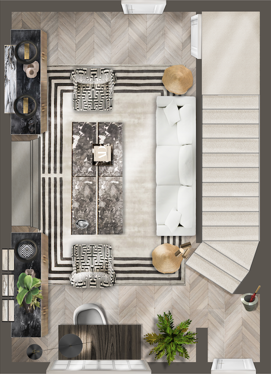 A top-down view of a modern living room showcases its sophisticated interior design: a white sofa, black and white rug, and marble coffee table. Adjacent is a staircase with beige carpeting. The room features herringbone wooden flooring, dark-colored furniture, plants, and decorative items.