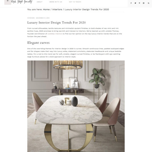 First page of article on luxury interior design trends 2020 featuring Juliettes Interiors