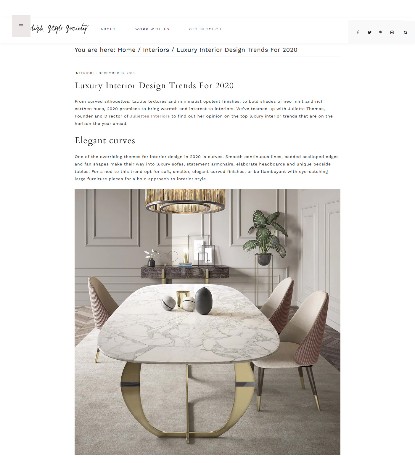 First page of article on luxury interior design trends 2020 featuring Juliettes Interiors