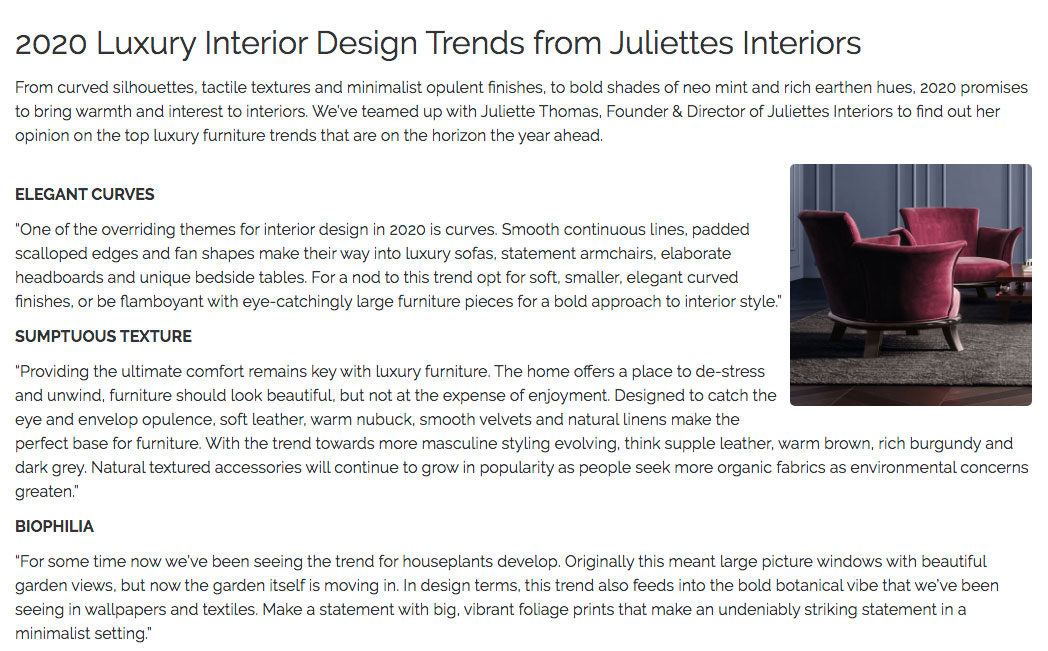 An article discussing 2020 luxury interior design trends from Juliettes Interiors, featuring images of elegant furniture pieces like a red chair and a dark, round-back chair. Topics include the use of curves, sumptuous textures, organic materials, and biophilia.