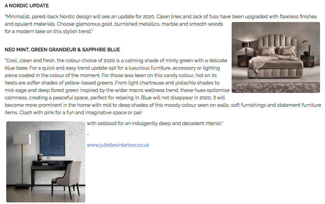 An article section with text overlaid on a light beige background. A central furniture set has a beige bed with a tufted headboard, two side tables with modern gray lamps, and a plush neutral-colored bench. Another section shows a blue sideboard against a matching blue wall.