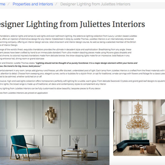 A webpage titled "Designer Lighting from Juliettes Interiors" shows a modern interior design setting with a blue velvet chair, a marble side table, and a tall golden wall lamp. Text describes the designer lighting services offered by Juliettes Interiors.