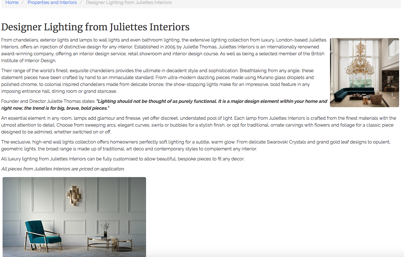 Article in Finer Things luxury lifestyle magazine about Juliettes Interiors' luxury lighting collection