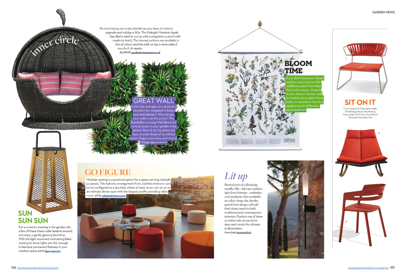 A magazine layout displays home and garden furniture and decor, including a circular wicker daybed, a vertical garden wall, botanical art print, outdoor chairs, and a wooden table. The text describes the features and benefits of each item with colorful accents.