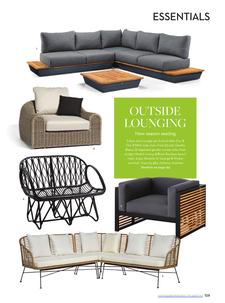 An assortment of outdoor seating includes a grey sectional with a wooden coffee table, a cushioned wicker chair, a black woven loveseat, a black chair with wooden slats, and a long, curved wicker sofa. Text reads 