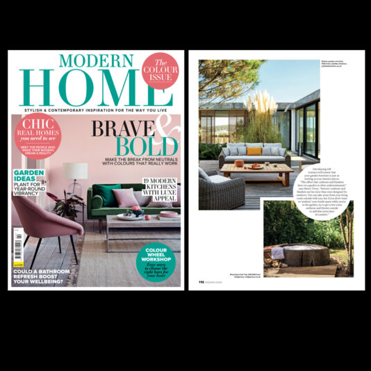 A magazine spread from "Modern Home" with a cover page and an interior page. The cover features headlines such as "Brave & Bold," "Chic Real Homes," and "Garden Ideas," with an image of a stylish living room. The interior page showcases a modern outdoor seating area.