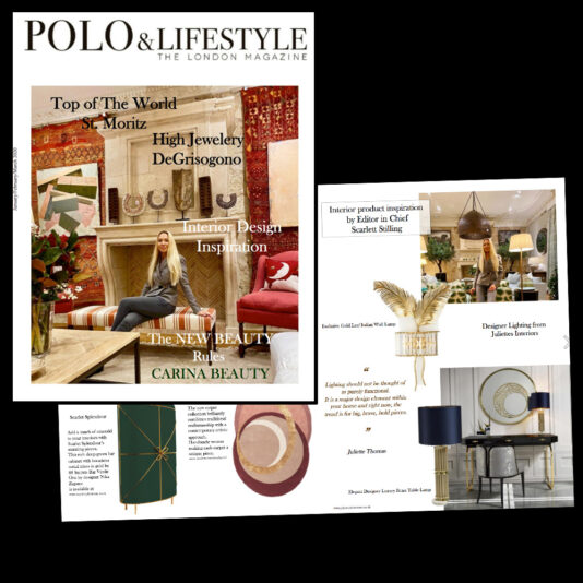 A collage of a magazine cover and interior pages. The cover features "POLO & LIFESTYLE" with topics like St. Moritz and luxury jewelry. The pages showcase high-end interior design inspirations, with images of chic furniture, decor, and a stylish living space.