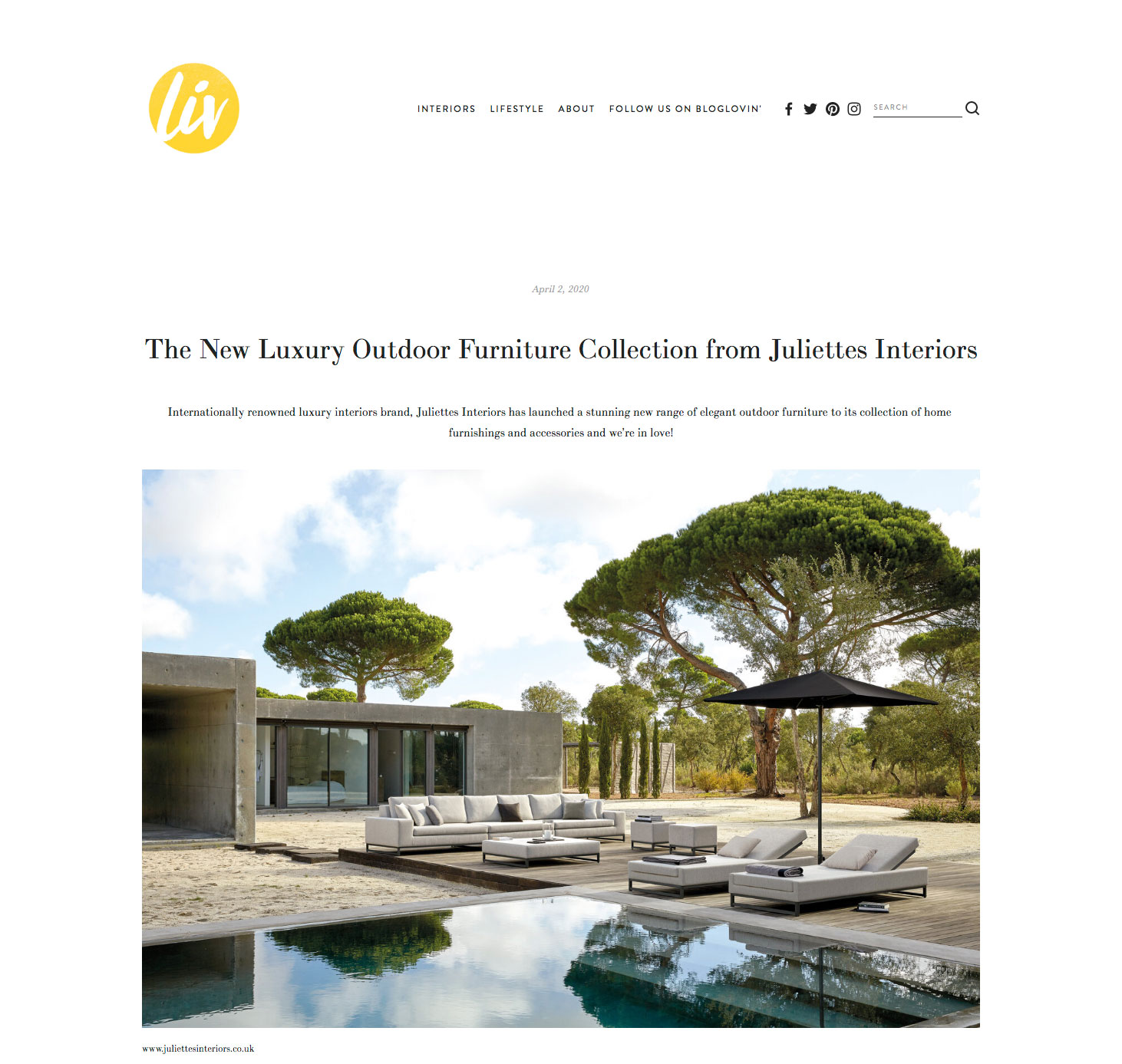 First page of article about the new luxury outdoor furniture collection from Juliettes Interiors