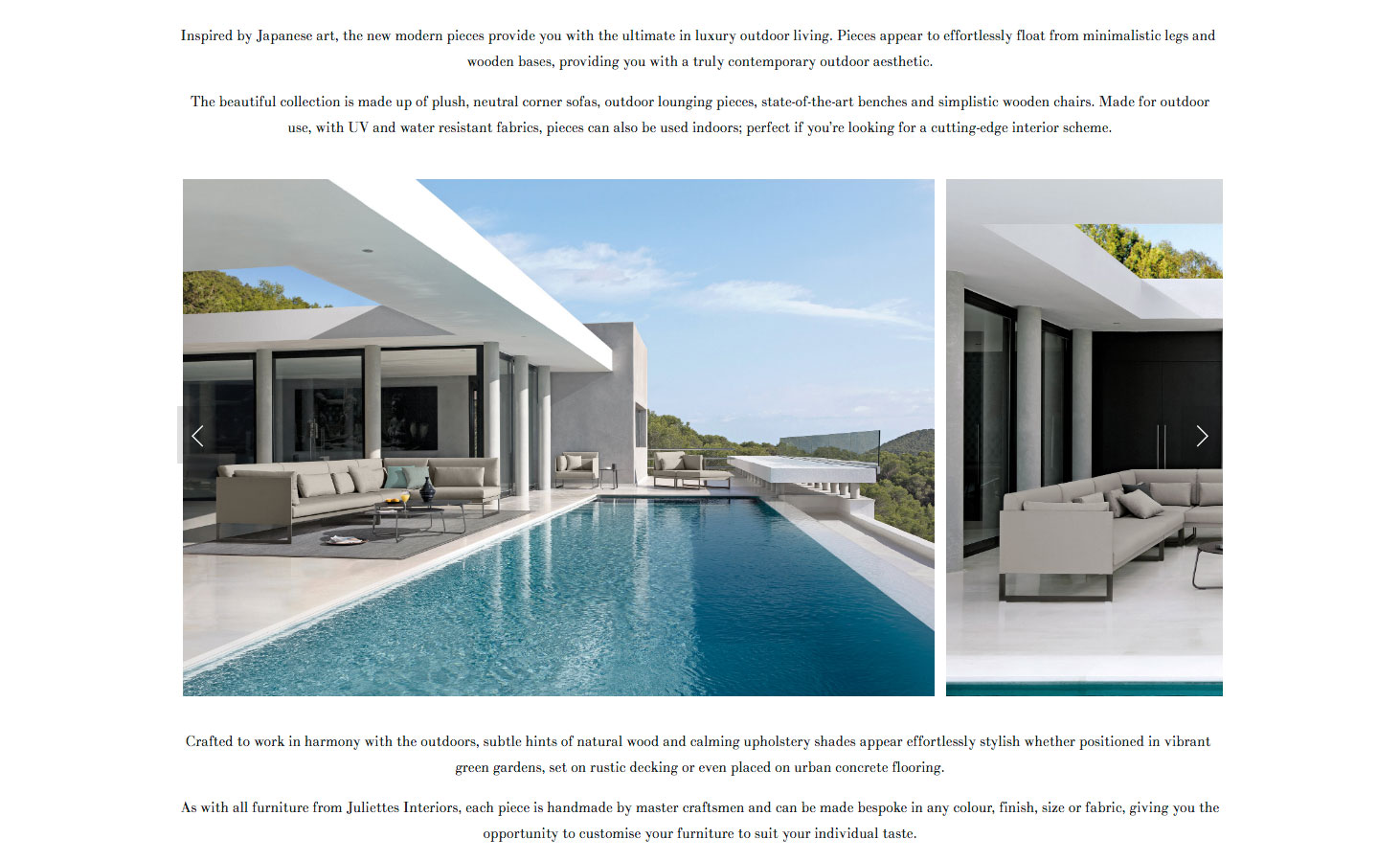 Second page of article about the new luxury outdoor furniture collection from Juliettes Interiors