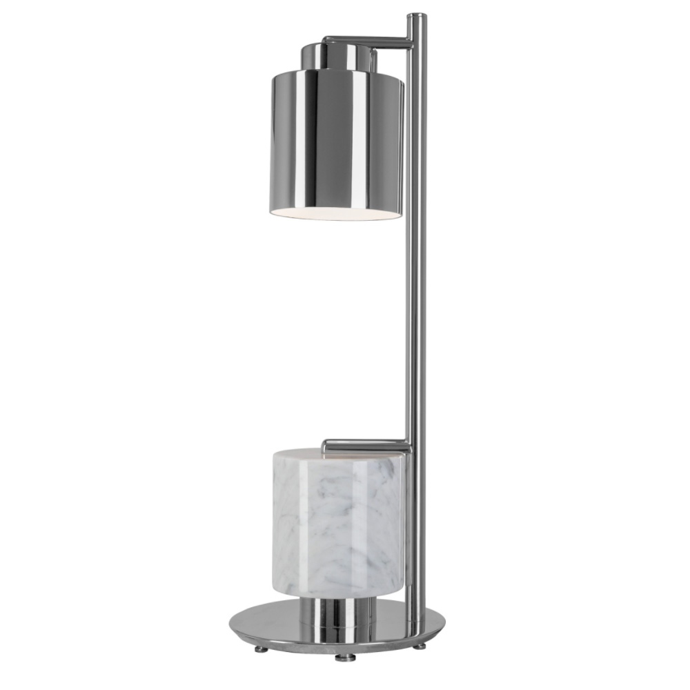 The Modern Designer Emperador Marble Swivel Table Lamp boasts a sleek, cylindrical metallic body with a white Emperador marble base. It features a vertical pole design and a cylindrical lampshade at the top, offering a minimalist and contemporary appearance. The round, polished base adds an elegant touch to this sophisticated table lamp.