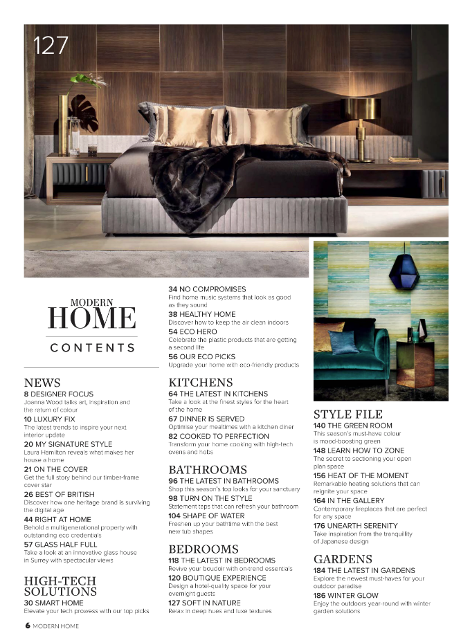 A magazine table of contents featuring a luxurious bedroom on the cover. Sections include News, High-Tech Solutions, Kitchens, Bathrooms, Bedrooms, Style File, Homes, In the Gallery, and Gardens. Numbered articles and page numbers are listed under each section.