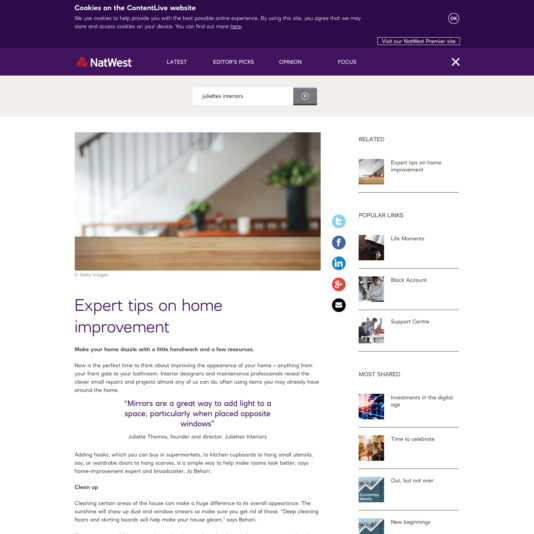 Screenshot of a NatWest webpage titled "Expert tips on home improvement." The article features a blurred background image of a modern staircase, with sections on making home updates using basic tools and resources. The page also shows related links, popular links, and most shared articles.